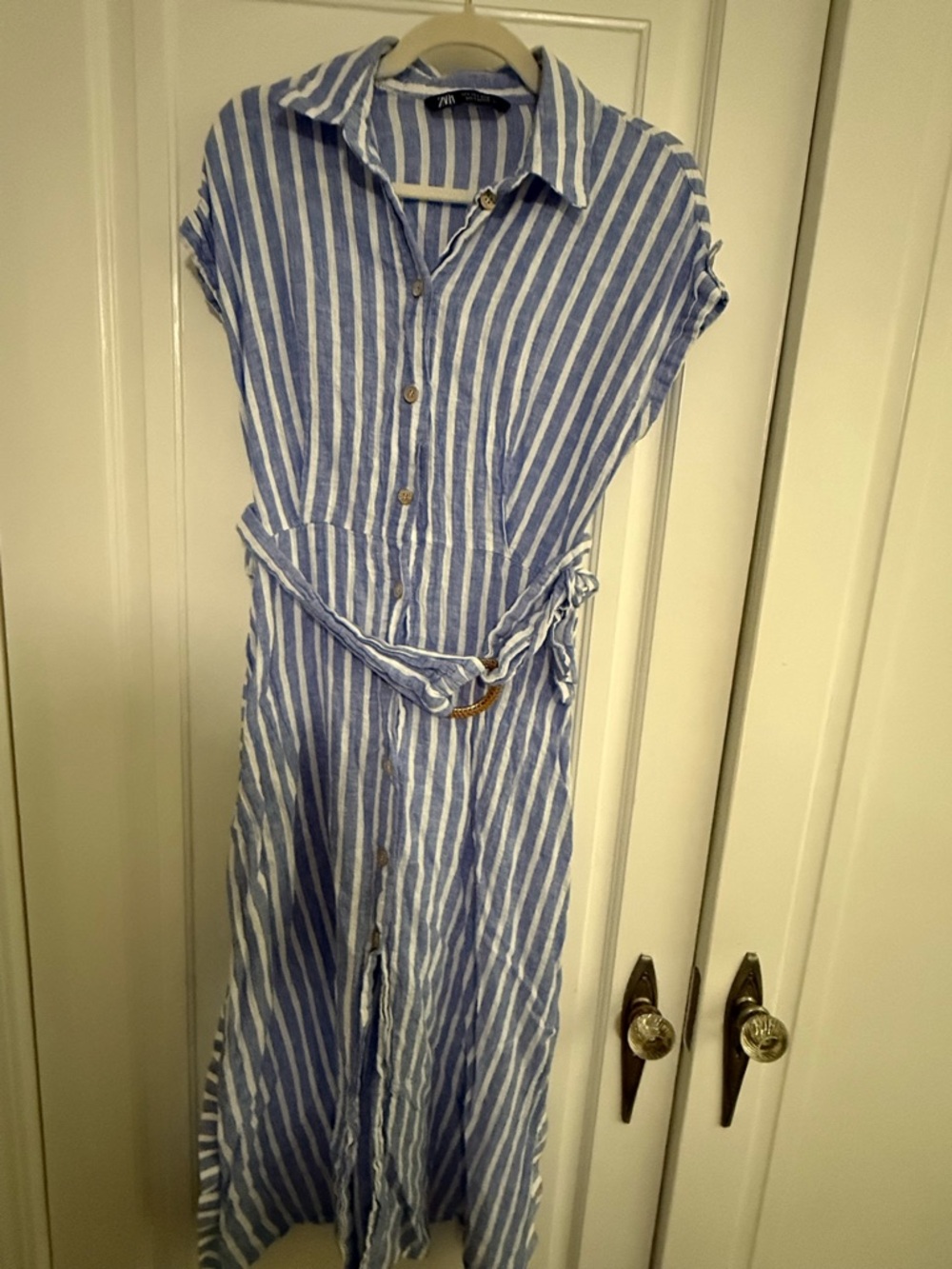 Zara Blue and White Striped Maxi Shirt Dress with Tie Waist
